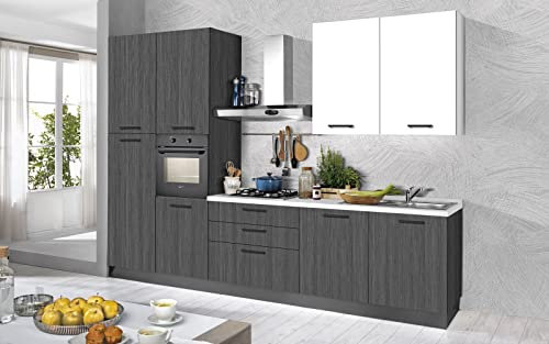 Dafne Italian Design Cocina completa con electrodomésticos (horno, fregadero, campana de cocina) estilo industrial - cm. 330 x 60 x 240 - irón gris, blanco mate - nevera izquierda