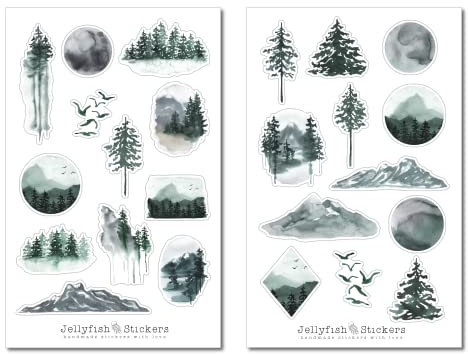 Wald Sticker Set - Journal Sticker, Planer Sticker, Aufkleber Natur, Berge, Wandern, Camping, Urlaub, Nebel, Vögel, Aquarell, Mond