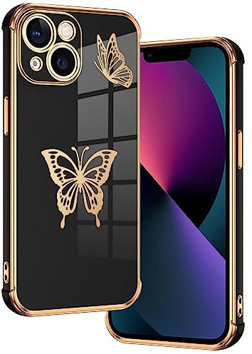 E-Lush Handyhülle für iPhone 13 Hülle Schmetterling Muster Mädchen Galvanisierte Schutzhülle für iPhone 13 6.1 Hülle Dünn Weich TPU Silikon Stoßfeste Case mit Kameraschutz, Schwarz