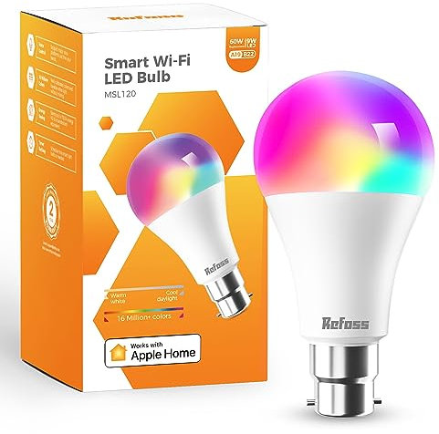 Refoss Smart Bulb Alexa Light Bulb B22 Works with Apple HomeKit, Alexa, Google Home, Siri with Colour Changing Light, Dimmable Warm White WiFi Bulb 9W (60W Equivalent) 810LM 1 Pack