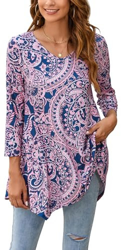 Enmain Tunique Femme Longue Grande Taille Col V Chemisier à Manches 3/4 Chic et élégant Tuniques à Motifs Haut Ample pour Femmes,Rose et Bleu,2XL