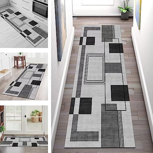 Teppich Läufer Flur Küche rutschfest waschbar Teppichläufer Lang Korridor Tepiche 70X240CM Grau Schwarz Muster Küchenläufer Meterware Kücheteppich Schlafzimmer Wohnzimmer Flurmatten Breit 40-120cm