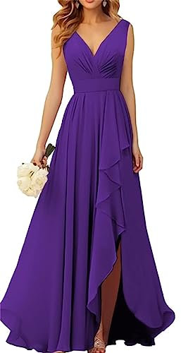 WSEYU Robe de demoiselle d'honneur en mousseline de soie à col en V pour mariage longue robe de soirée formelle avec fente à volants, violet, 40