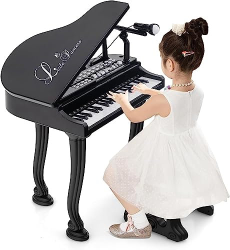 COSTWAY Piano Numérique 37 Touches pour Enfants avec Tabouret & Microphone, Piano Electronique Portable avec Mode d'Enseignement LED & MP3, Piano Enfants 3 Ans, Charge 50kg(37 Touches, Noir)