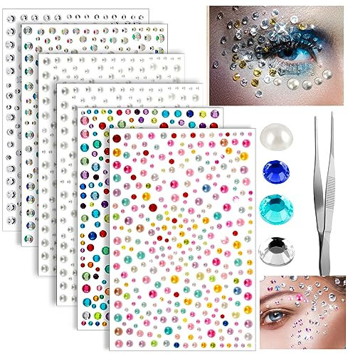 TIESOME Gesichts Juwelen mit Pinzette, 6 Blatt selbstklebende Strass Aufkleber Gesichts Juwelen Strass Kristalle Aufkleber Festival Gesichts Juwelen Aufkleber Gesicht Strasssteine Make up Diamanten