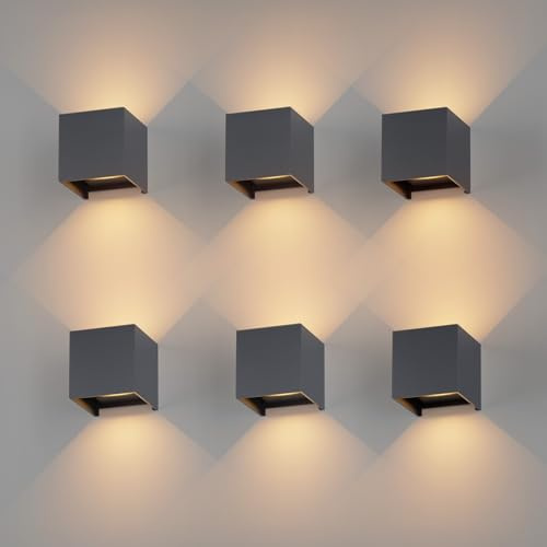 K-Bright 6 Stück Außenlampe Auf und ab Einstellbarer Lichtstrahl, Anthrazit | Wasserdicht IP65, 12W 3000K Wandleuchten Innen/Außen, Aluminium Außenwandleuchte für Garten, Eingang, Wohnzimmer