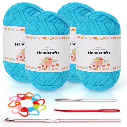 Coopay 4 Stück Einfach Garn Zum Häkeln für Anfänger - Gut Sichtbare Maschen mit Häkelzubehör, Baumwoll-Nylon-Garn zum Stricken (4 X 50 g), Blauer See
