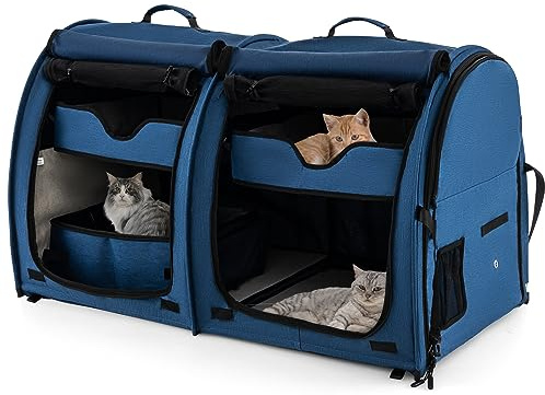 COSTWAY Cat Carrier Bag, 2 Compartments Pet Travel Carriers with Removable Hammocks and Mats, Duble-side Pad, Litter Box, Portable Dog Crate for Cats Puppy Kitten (Navy Blue)