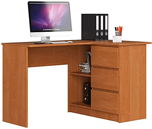 AKORD Eckschreibtisch B16 mit Regal 124 cm | 3 Schubladen Links | Schreibtisch | Ecktisch | Eck Schreibtisch | für Home | für Office | B124 x H77 x T85 cm | Gewicht 41,40 kg | Erle