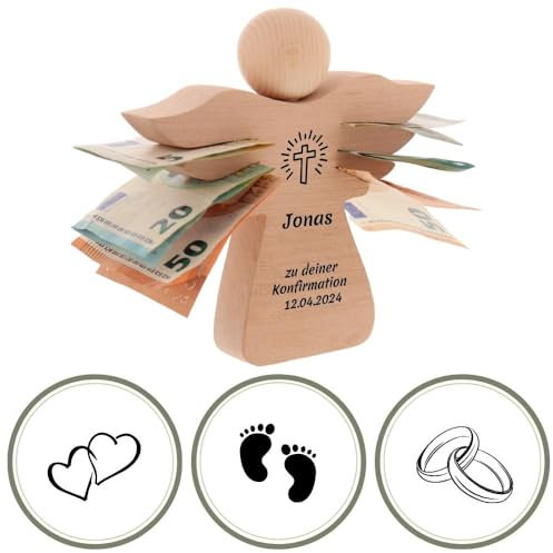 HOFMEISTER® Holzengel Geldgeschenk personalisierte Gravur - Geschenkidee zur Taufe, Konfirmation, Hochzeit, Geburt für Junge und Mädchen, Trauergeschenk - 14 cm