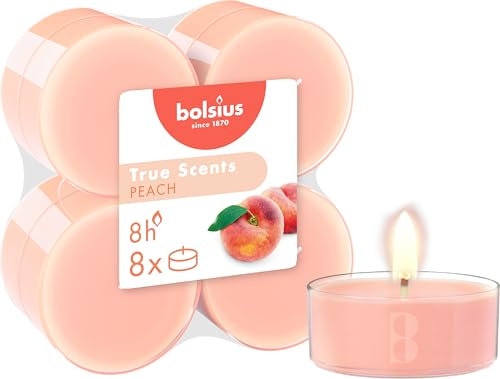 Bolsius True Scents – 8 Teelichter Maxi Duft – Pfirsich – Lange Brenndauer von 8 Stunden – Kerze für den Innenbereich – Natürliche Extrakte – Veganes Wachs – Ohne Palmöl