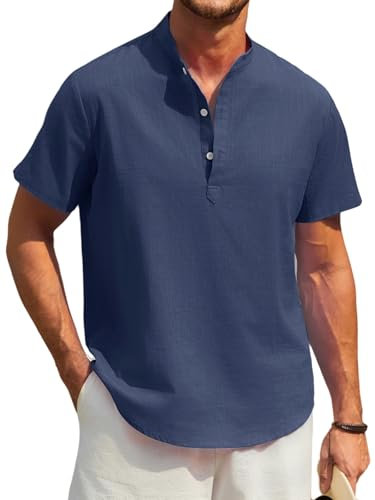 Enlision Mens Linen Shirt Casual Cotton Collarless Short Sleeve Navy Blue Henley Shirts Button Down Summer Lightweight Grandad Collar Shirt Tops M