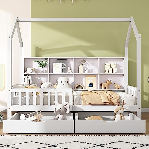 I0I&I0I Hausbett Kinderbett mit Mehrzweck -Bücherregal-Speichergitter-Kabinett Ablageregal und Zwei großen Schubladen mit Stauraum und Kaminform 90x200 (Weiß)