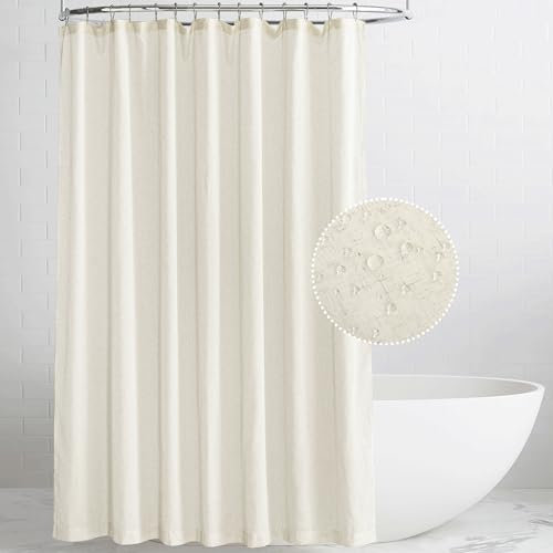 PONY DANCE Tenda Doccia 200 x 240 cm in Lino Impermeabile Tende Doccia Lavabili Antimuffa Vasca da Bagno con 14 Ganci, Beige