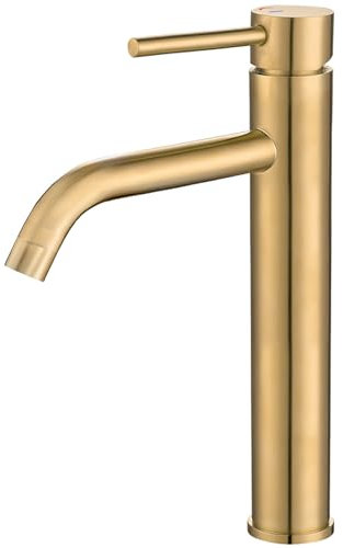 VALAZ Rubinetto Bagno Lavabo Alto Oro Opaco | Apertura a Freddo, Miscelatore Lavabo Bagno Acqua Fredda e Calda, Risparmio Acqua | Installazione Facile | Ottone, Inossidabile, Elegante, Serie Ason
