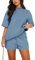 REORIA Damen Tracksuit Kurzarm Rundhalsausschnitt Einfarbig Zweiteiler Hausanzug Loungewear Outfit Jogger Trainingsanzug Set Grau Blau S