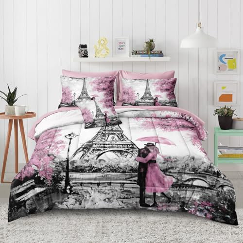 Bedbay Parure de lit 8 pièces pour garçons et filles – Parure de lit rose et grise sur le thème de Paris – Décoration de chambre à coucher sur le thème de la Tour Eiffel – Lit double – Lit double