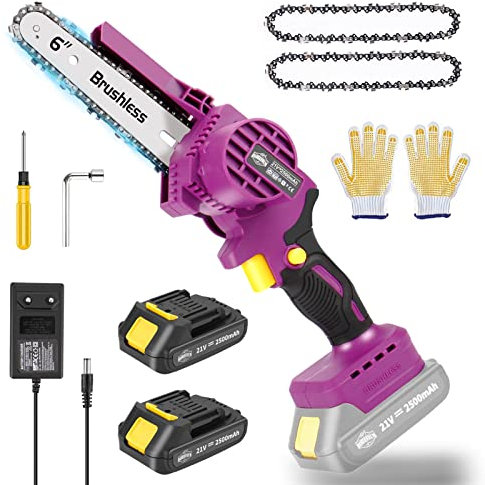 Mini motosega con batteria da 6 pollici, motosega con motore senza spazzole, portatile, con una sola mano, per giardinaggio, potatura degli alberi (2 catene, 2 batterie)