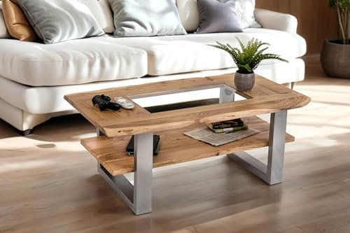 SAM Couchtisch 115x65 cm Patrick, Sofatisch mit Ablage und Glasplatte, Akazienholz massiv + naturfarben, Beistelltisch mit silbernem U-Metallgestell, echte Baumkante