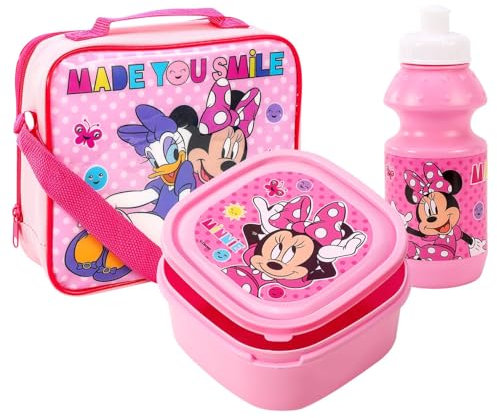 TDL Minnie Mouse Girls Pink Lunch Set Insulated School Lunch Bag Sandwich Box & Drinks Bottle Set for Kids, 810060