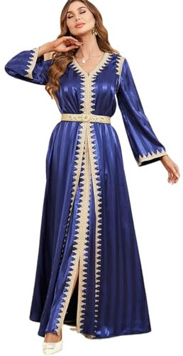 YIHANSS Frauen Ramadan Satin 2 Stück Kaftan Set Muslim Abaya Solid Tape Trim Volle Ärmel V-Ausschnitt Türkisch Arabisch Kleider