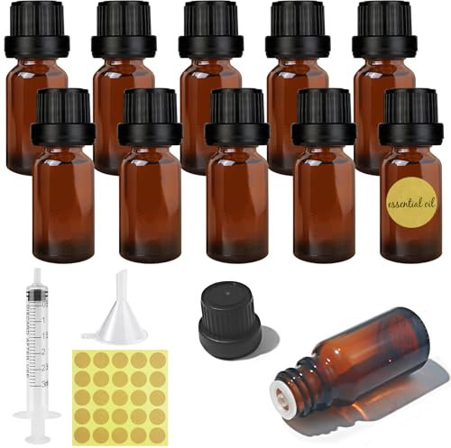 Furuising 10Pcs Small Amber Glass Bottles, 10ml Essential Oil Bottle, Empty Refillable Dropper Bottles with Black Cap, Sample Container with 3ml Syringe, Funnel, Sticker for Aromatherapy Oils Perfume