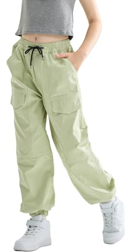 Rolanko Pantalones Hip Hop para Niñas, Pantalones Cargo Elásticos para Niños Jogger para Streetwear y Danza, Verde Saga, Talla: 10-11 Años/150