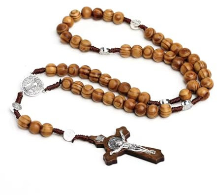 EOYVAIL Crocifissi,Collana rosario in legno d'ulivo, rosario croce fatto a mano, collana di perline croce, croce cattolica, con croce di Gesù (colore caffè)