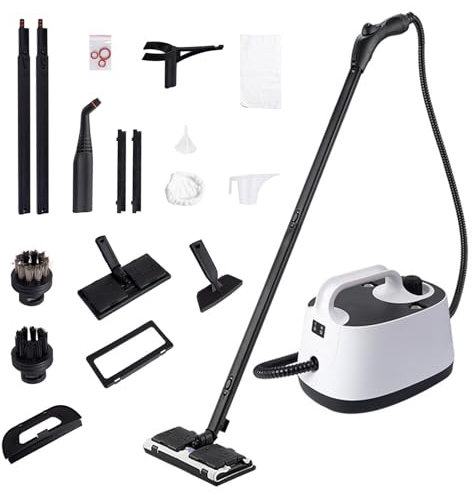 Nettoyeur Vapeur Blanc, Pression Vapeur : 4 bar, Préchauffage : 6 min, Puissance : 2000W, Réservoir : 1.8L, Cartouche Détartrante, Kit de nettoyage de sol, buses