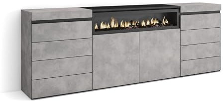 Skraut Home | Kommode mit Schubladen | Aufbewahrungsschrank | 214x75x35 cm | Für Schlafzimmer, Zimmer | Elektrokamin. | Moderner Stil | Zement