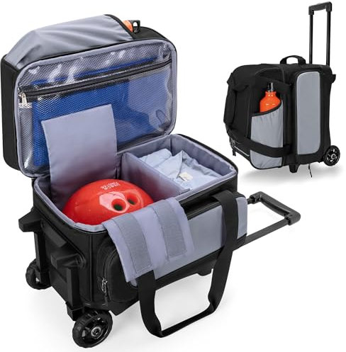 GOBUROS Bowlingtasche mit Rollen und einziehbarem Griff, ausziehbar auf 80 cm, einzelne Bowlingball-Tasche mit Schuhfach und mehreren Zubehörtaschen, Schwarz und Grau