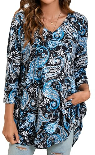 Enmain Tunique Femme Bleu Manche 3/4 Col en V Tunique Grande Taille Paisley Lâche Chemisier Femme Longue Chic et Elegant Décontracté Confortable, 5XL