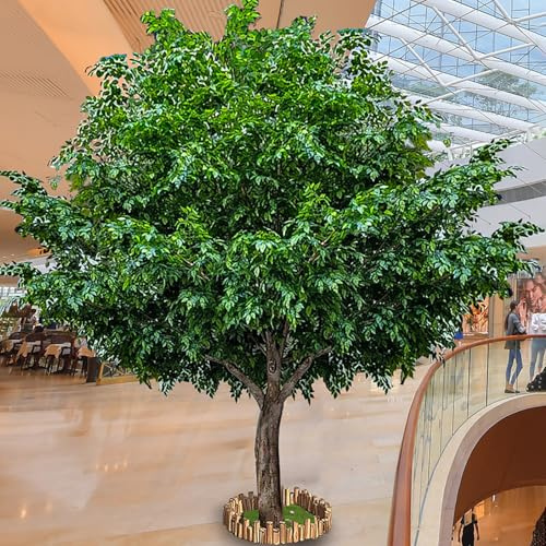 Künstlicher Banyan-Baum mit Zaun+Rasen+stabilem Eisensockel, handgefertigte dekorative künstliche Bäume, lebensechter Blumenbaum, Zweige aus Massivholz,für Einkaufszentrum,Heimdekoration,300*300cm