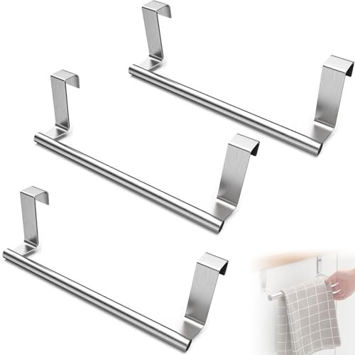 3 Pcs Over Door Towel Rail, Silver, No Drilling for Kitchen and Bathroom Cupboard Drawer Cabinet (23.5cm)