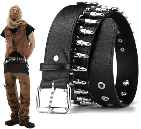 CPRNQY Bullet Belt, Nietengürtel Herren, 115cm Punk Nietengürtel, Studded Belt, Nieten Gürtel, Nietengürtel Bullet, Nietengürtel, Rock Punk Damen Herren für Jeans Kleids Hose Gürtel (Schwarz)