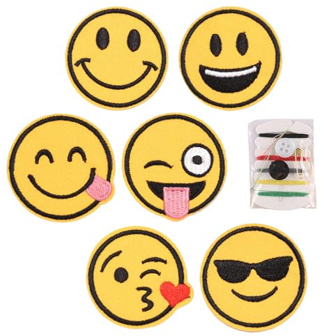 WOLMIK Embroidered Patches - 6 PCS Yellow Smile Face Iron on Patches with Sewing Kit, Cute Happy Face Applique Clothes Embroidered Patches, Vintage Iron on Patches for Jeans Bags Hat Jacket Craft DIY