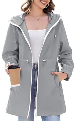 Durio Veste de pluie fine pour femme - Imperméable - Pliable - Avec capuche - Léger et respirant - Longue veste coupe-vent - Pour femme, gris, L