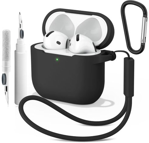 Wanme Case for AirPods 4 with Cleaner Pen, Silicone Protective Cover for Apple Airpods Generation 4 with Carabiner, Front LED Visible,Black