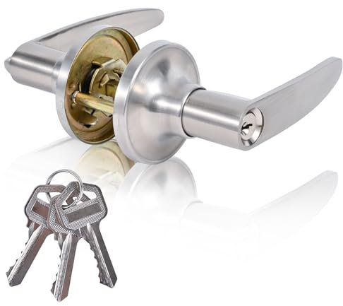 YELANGU 1 Pack Satin Nickel Door Handle Lock, Entrance Door Handles with Locks and Key, Safety Locks Cover Outer Door Handle(Silver)