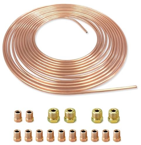 3/16(4.76mm) x 25ft(7.62m) Brake Pipe Copper Coated Steel Tubing with 16 Nuts Fittings, Automotive Replacement Brake Lines Kit, Car Replacement Brake Hose Line Kit, Car Inner Steel Brake Oil Tube