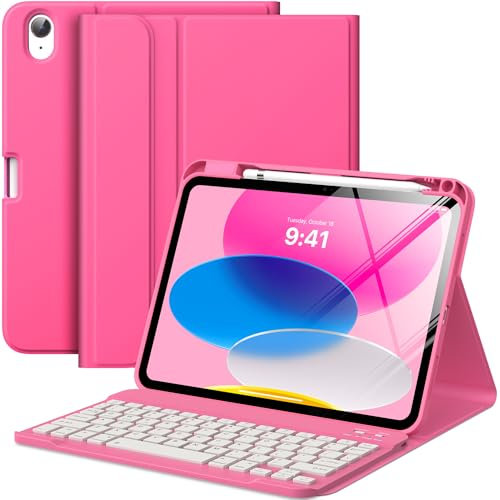 MoKo Funda con Teclado para iPad 11ª/10ª Generación, Funda con Teclado para iPad con Soporte para Lápiz, Teclado Bluetooth Desmontable Multiángulo para iPad 11ª/10ª Generación 2025/2022, Rosa Persa