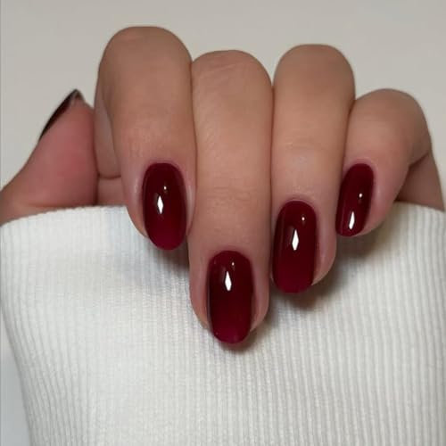 Wine Red Press on Nails Short Oval, SXVME Solid Color Acrylic Fake Nail Short Round, Burgundy False Nail Press ons Handmade of Gel, Natural Full Cover Glue on Nails For Women Daily Wear 24Pcs