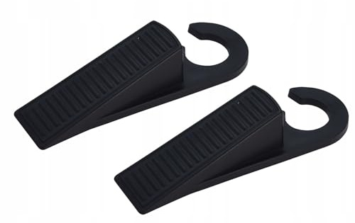 Set of 2 Black Plastic Door Stops with Hanging Hook | Indoor Door Wedge Stoppers for Home or Office Use