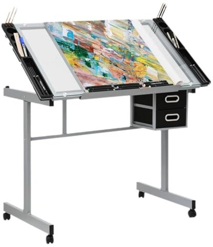 Escritorio de dibujo de altura ajustable, mesa de dibujo superior de cristal, estación de manualidades con cajones para oficina en casa, estación de trabajo