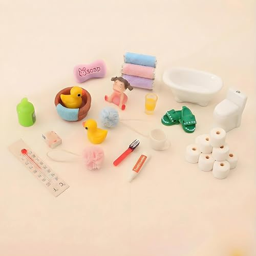 21 Stück Puppenhaus Zubehör, Miniatur Puppenhaus Zubehör, Miniatur Wichtel Zubehör Baden Set für Wichteltür Puppenhaus Deko mit Mini Zahnpasta Zahnbürste Badeschwamm Ente Klopapier Rollen