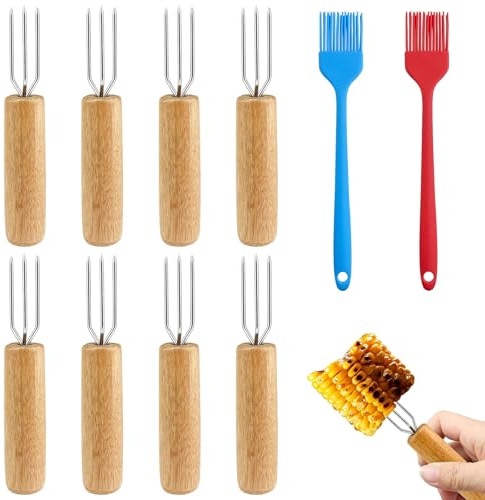 BITEFU 8 Stück Pellkartoffelgabel, Naturholzfarbe Kartoffelgabel Fleischgabel, Maisgabel, Maiskolben Spieße, Gabel für Gemüse und Grillgut, mit 2 Silikonbürste