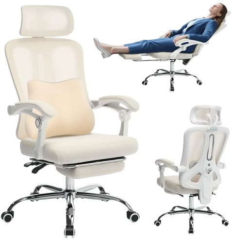RBFGYIOP Bürostuhl Ergonomisch Mit Kopfstütze & Lordosenstütze - Hochrückiger Drehstuhl Mit Netzrücken, Fußstütze, 90-135° Neigung - Gaming & Homeoffice Stuhl Bis 160 kg Mit Lendenkissen, Beige