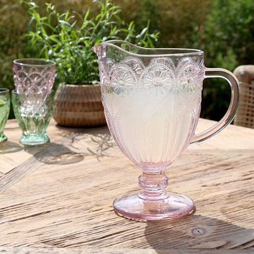 Pink Glass Jug, Pretty Textured Glass Water Juice Drinks Pitcher, Large Dusky Pink Coloured Glass Summer Dining Jug
