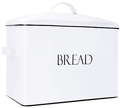 Outshine Panera de metal vintage Encimera ahorro de espacio extragrande y de alta capacidad para tu cocina Capacidad para más de 2 panes de 33 cm x 25 cm x 1778 cm Blanco con letras de pan (blanco)