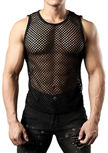 JOGAL Camiseta interior de malla sin mangas transparente para hombre, Negro , XL